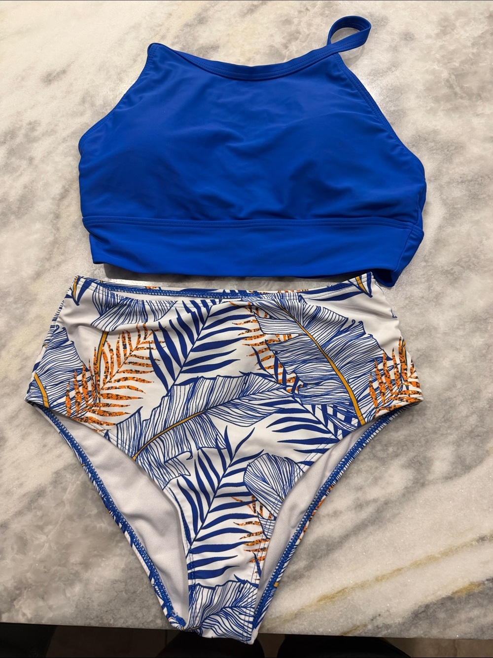 SHEIN Royal Blue High-Neck Tankini & Tropical Leaf High-Waist Bottoms